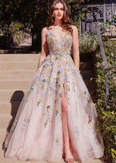 Imogen | Black Tie Ivory Floral Corset Wedding Guest Dress with Slit - Ivory Floral - PromDressClub